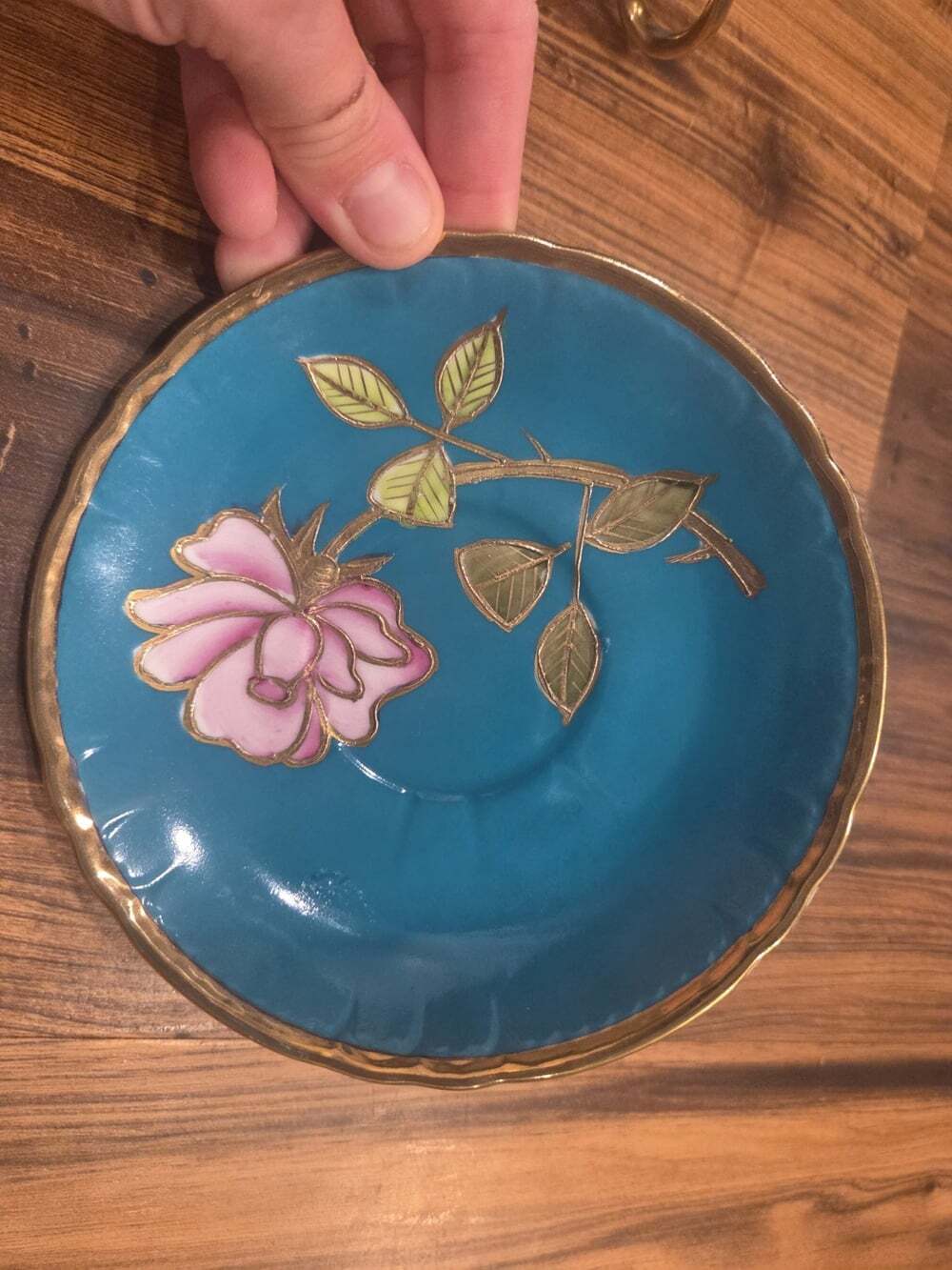 Vtg Japanese Turquoise & Gold Teacup Saucer Set Raised Pink Rose - Picture 7 of 12